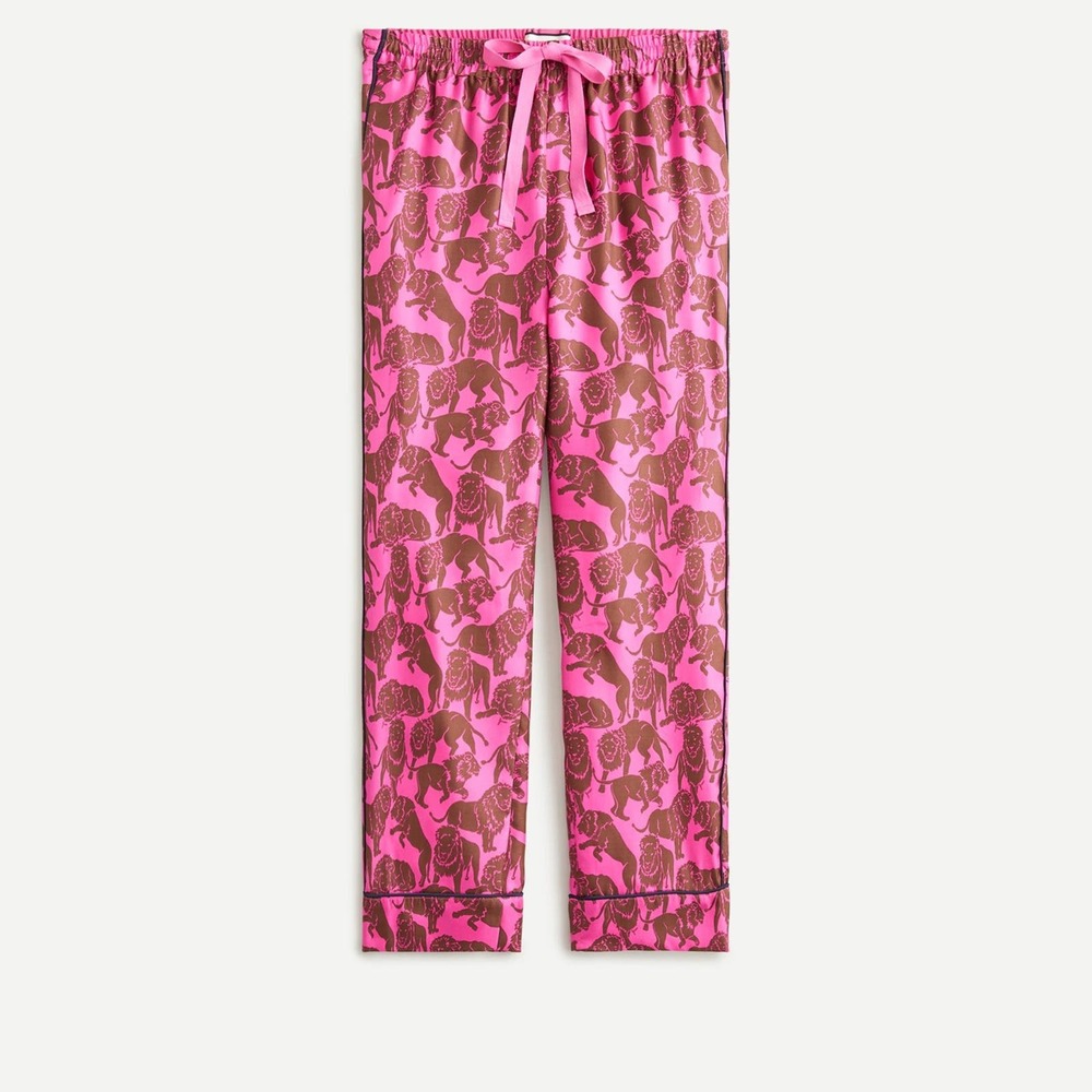 Jcrew 100% Silk Pink Twill Relaxed Pants In Sleepy Lion Print